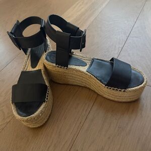 Vince Black Leather Platform Espadrille Sandals with Wide Strap and Ankle Buckle